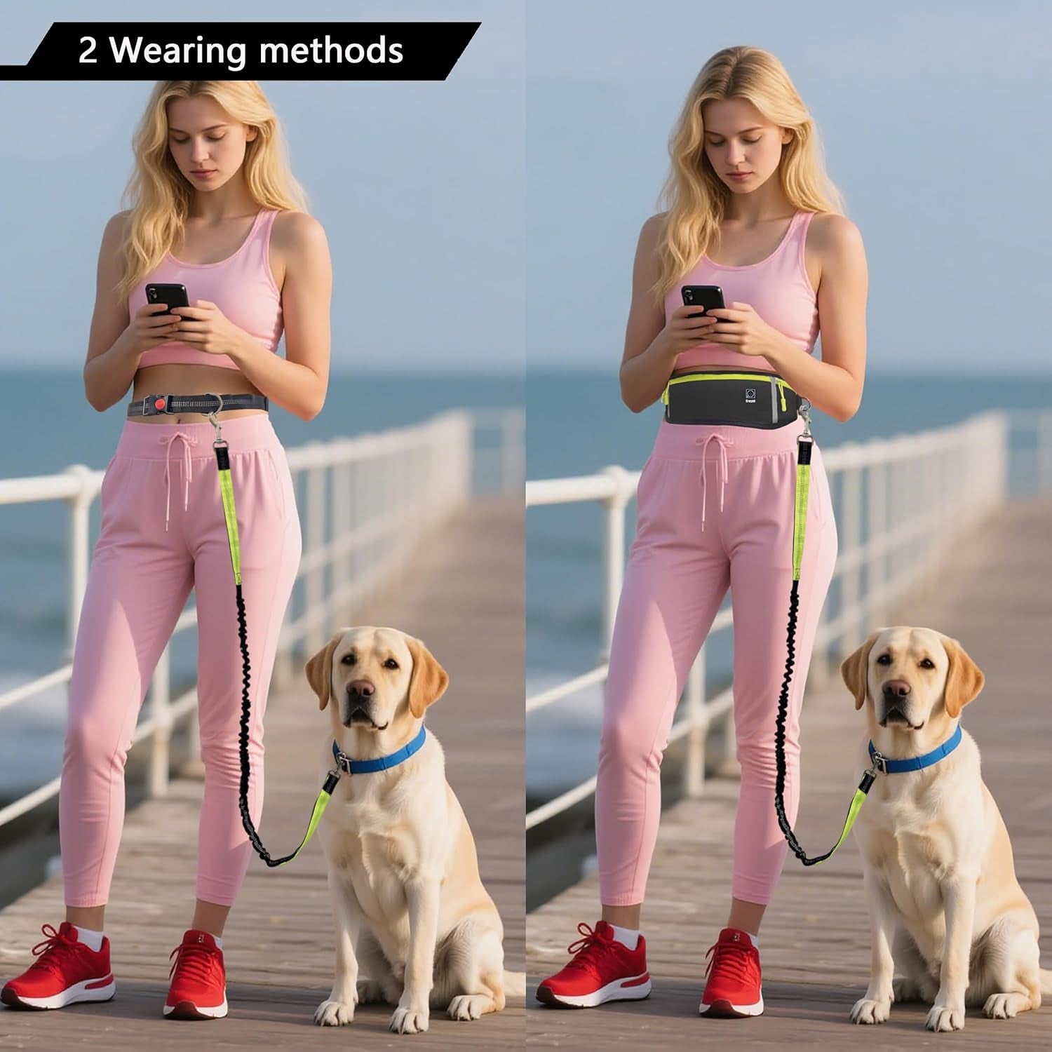Hands Free Dog Leash with Zipper Pouch,Reflective Dual Handles Retractable Bungee Waist Leash for Small and Medium Dog Walking, Jogging (Black)
