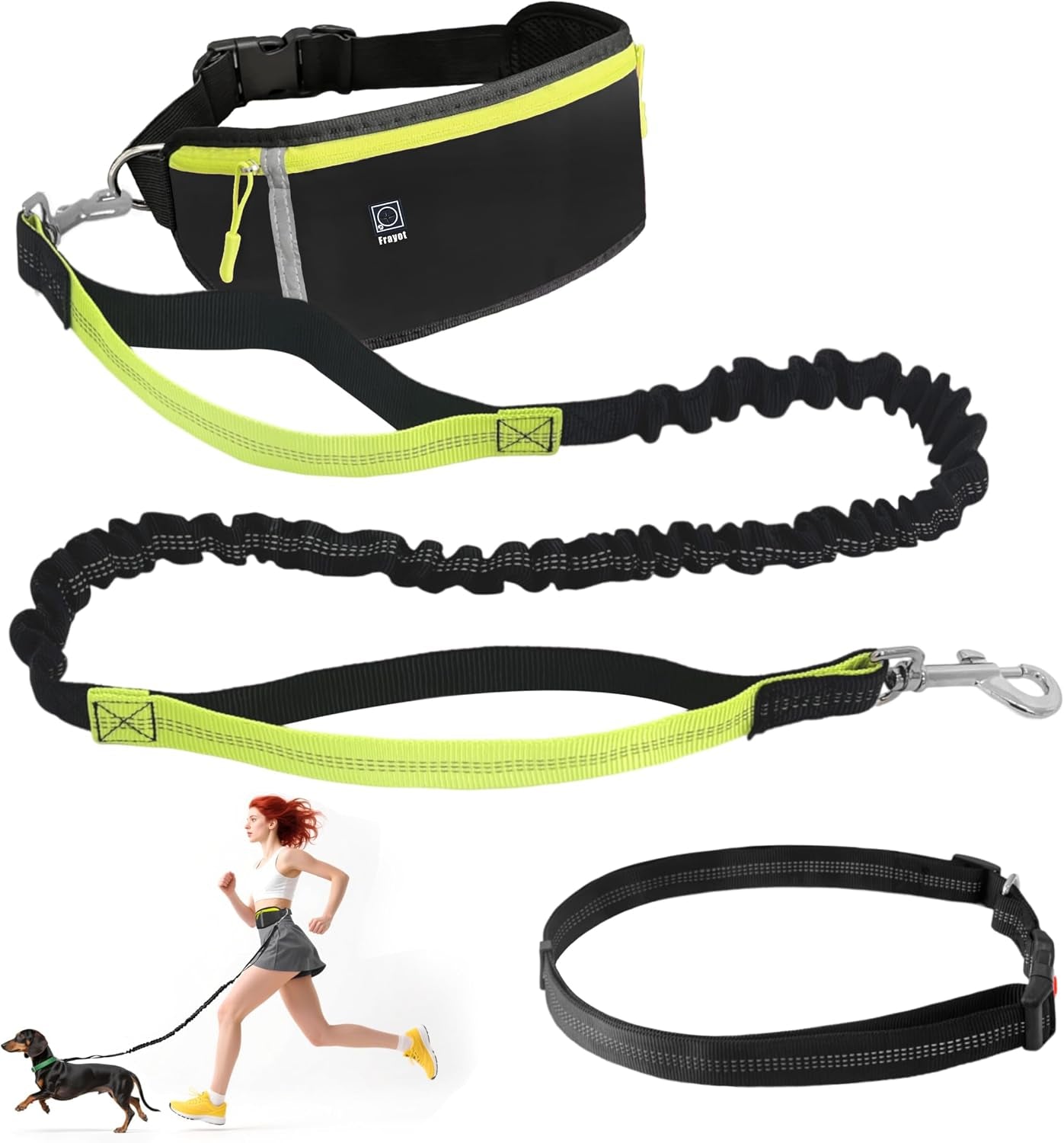 Hands Free Dog Leash with Zipper Pouch,Reflective Dual Handles Retractable Bungee Waist Leash for Small and Medium Dog Walking, Jogging (Black)