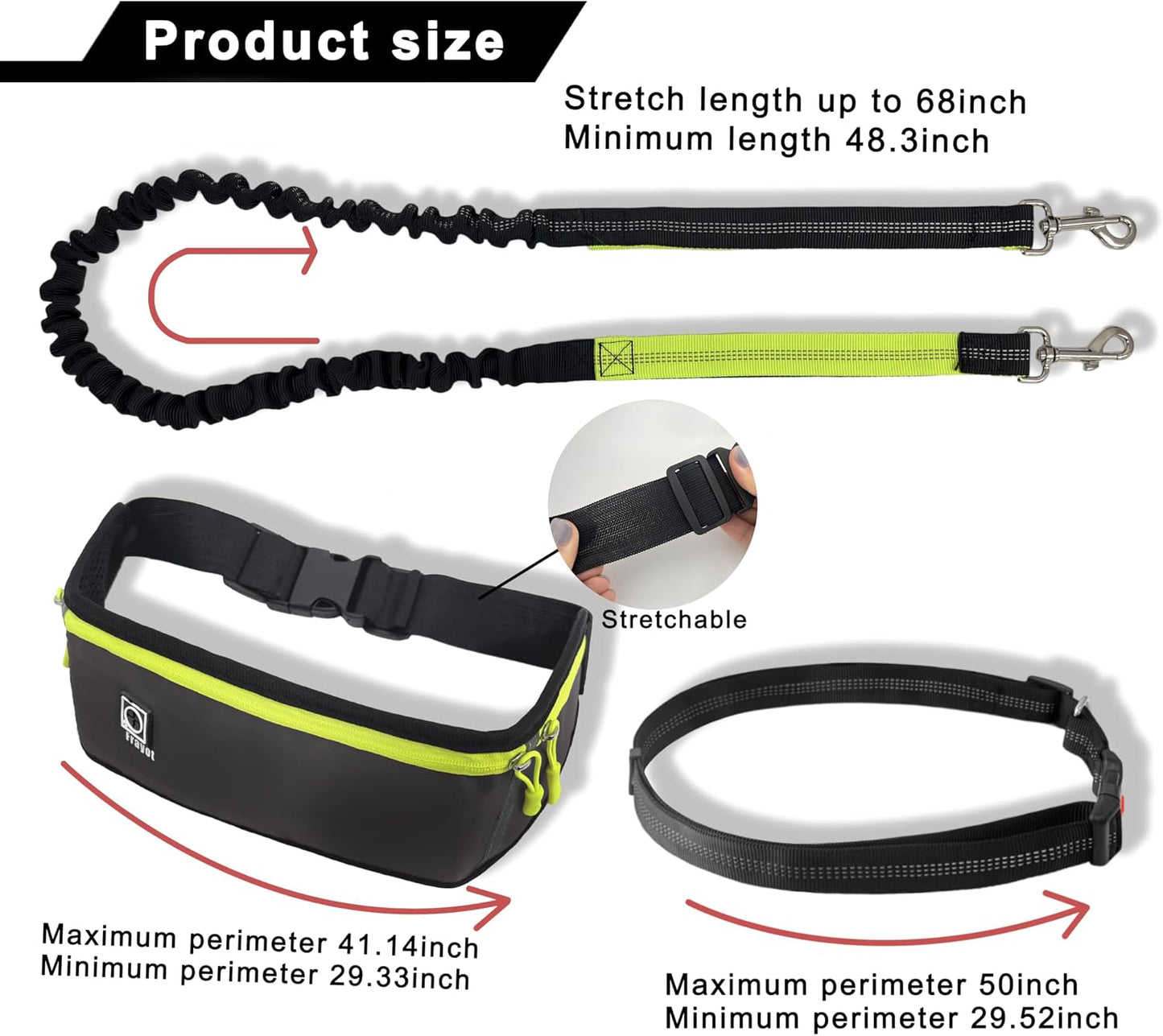 Hands Free Dog Leash with Zipper Pouch,Reflective Dual Handles Retractable Bungee Waist Leash for Small and Medium Dog Walking, Jogging (Black)